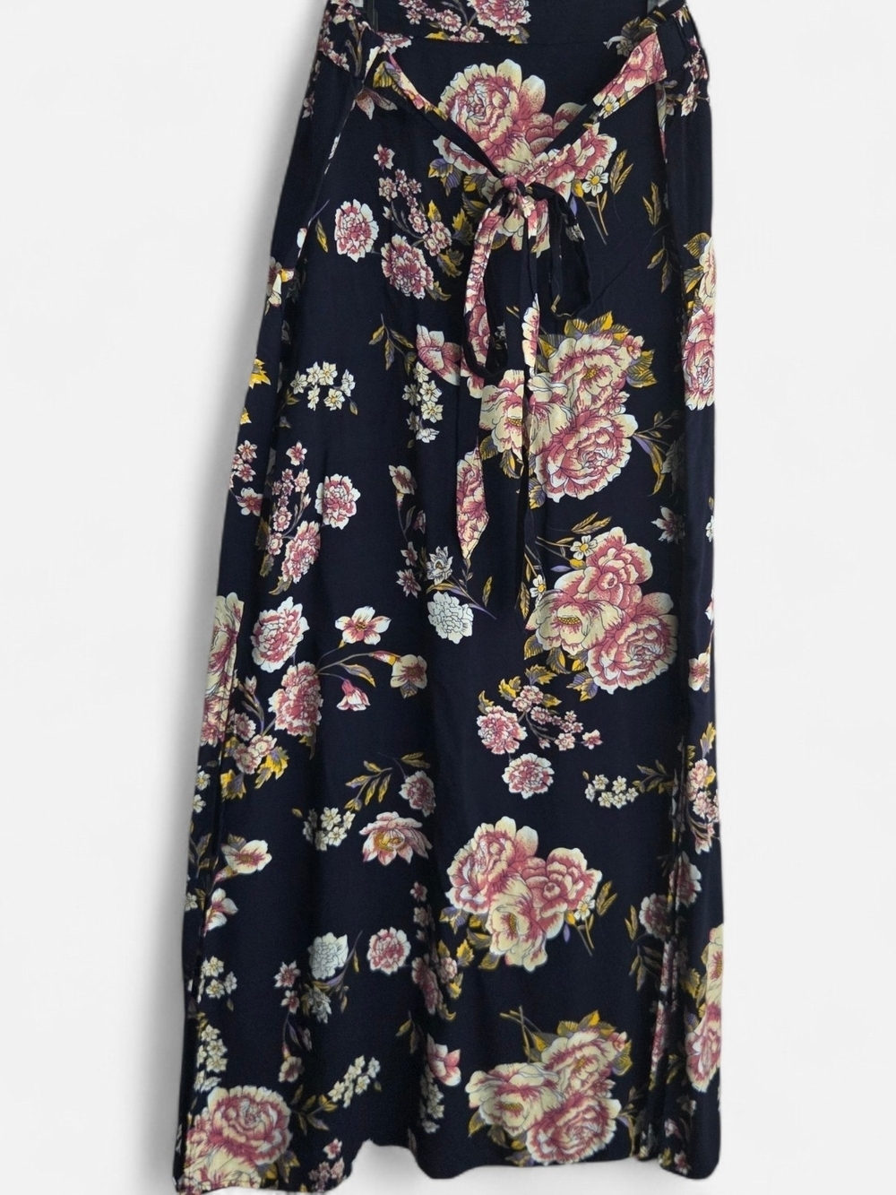 Tie-Waist Floral Maxi Skirt - Navy with Pink Floral